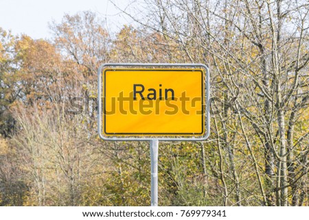Town sign with the word rain, Bavaria, Germany  