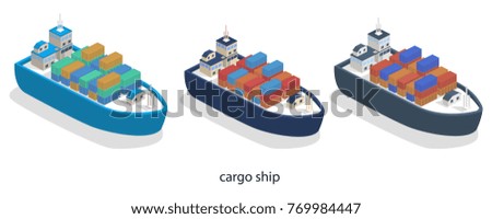 Isometric 3D vector illustration A cargo ship delivers heavy containers of goods