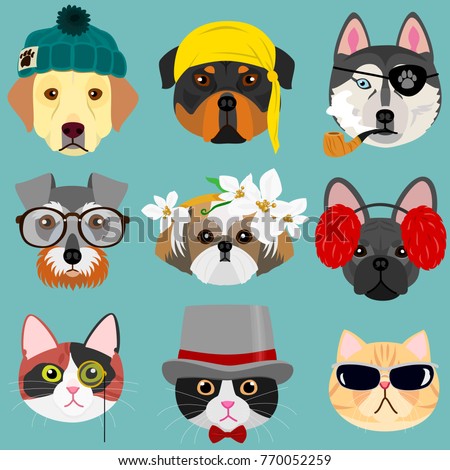 Dog and cat face set in hipster fashion