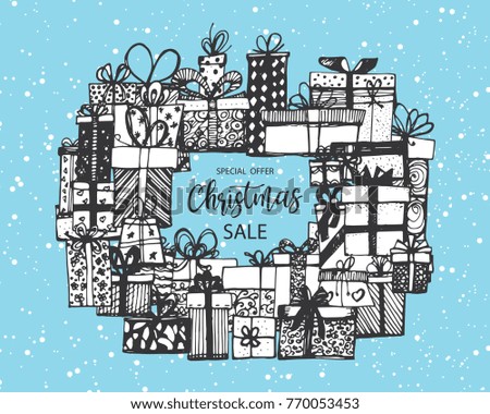 Christmas holidays sale promo poster. Hand drawn. Vector illustration