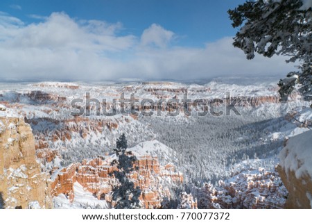 Beautiful Landscape, Winter scenery at Bryce Canyon National Park, Utah, USA. Postcard design idea. 
