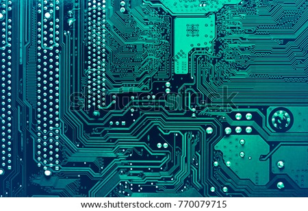Circuit board. Electronic computer hardware technology. Motherboard digital chip. Tech science background. Integrated communication processor. Information engineering component. Royalty-Free Stock Photo #770079715