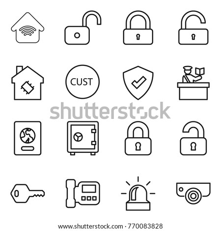 Thin line icon set : wireless home, unlock, lock, smart house, customs, protected, inspector, passport, safe, locked, unlocked, key, intercome, alarm, surveillance camera Royalty-Free Stock Photo #770083828