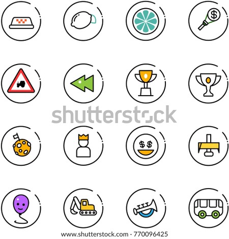 line vector icon set - taxi vector, lemon, slice, money torch, tractor way road sign, fast backward, win cup, gold, moon flag, king, smile, milling cutter, balloon, excavator toy, horn, bus