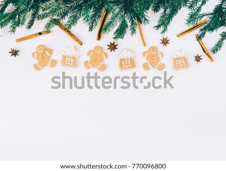 Ginger christmas cookies on the marble white background