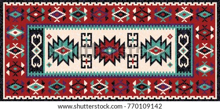 Colorful oriental mosaic kilim rug with traditional folk geometric ornament. Patterned carpet with a border frame. Vector 10 EPS illustration. Royalty-Free Stock Photo #770109142