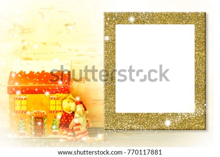 Photo frame Christmas greeting card. Funny Santa Claus, reindeer and cottage, empty frame to put photo or message .