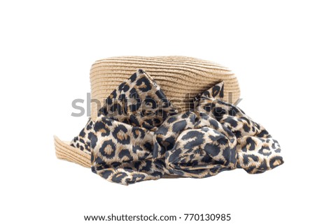 Fashion hat and leopard print ribbon pattern on white bakcground
