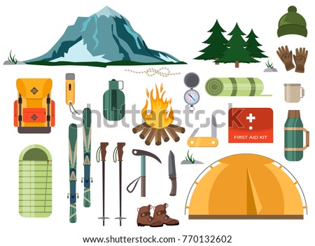 Mountain hike winter ski hiking snowy backpack skiing accessories travel climbing mountaineering vector adventure illustration. Nature outdoor extreme tourism landscape equipment.