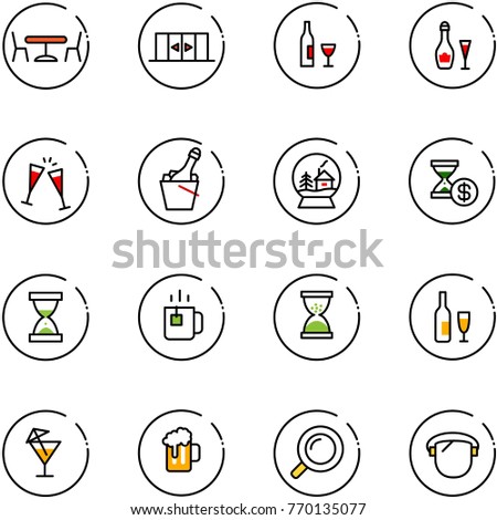 line vector icon set - cafe vector, automatic doors, wine, glasses, champagne, snowball house, account history, sand clock, green tea, drink, beer, magnifier, protect glass
