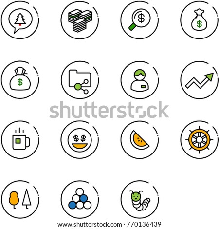 line vector icon set - merry christmas message vector, big cash, money search, bag, shared folder, manager, growth arrow, green tea, smile, watermelone, hand wheel, forest, billiards balls