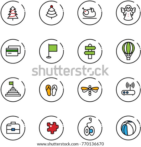 line vector icon set - christmas tree vector, turkey, angel, credit card, flag, signpost, air balloon, pyramid, flip flops, dragonfly, wi fi router, case, puzzle, yoyo, basketball