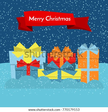 Gift boxes on snow and falling snow and a red ribbon with the inscription Happy Christmas. Vector illustration.
