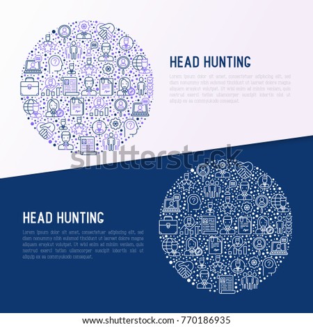 Head hunting concept in circle with thin line icons: employee, hr manager, focus, resume; briefcase; achievements; career growth, interview. Vector illustration for banner, web page, print media.