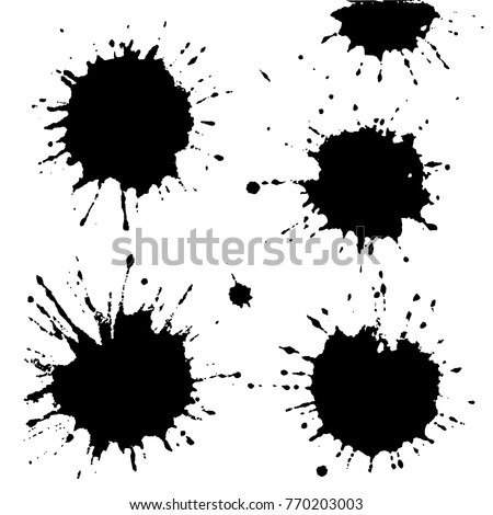 Black ink paint spots. Drops texture isolated on white background. Set for grunge splash textures. Vector illustration. Royalty-Free Stock Photo #770203003