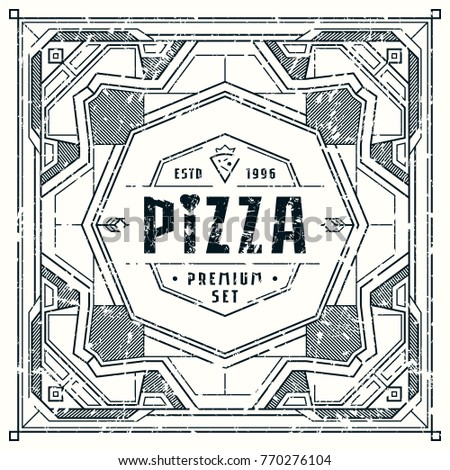 Stock vector design cover for pizza boxes. Vintage frame for logo, emblem and sticker. Graphics with rough texture on white background