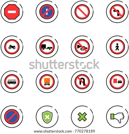 line vector icon set - no way vector road sign, parkin odd, prohibition, left turn, moto, trailer, horn, pedestrian, bus, dangerous cargo, back, truck overtake, parking, shield cross, delete
