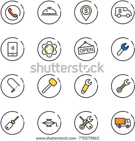line vector icon set - phone vector, client bell, dollar pin, encashment car, mobile payment, gear globe, open, wrench, fretsaw, rubber hammer, screwdriver, jack, truck toy