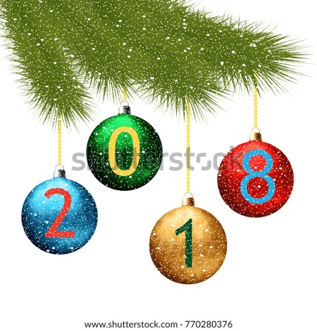 Christmas background with fir branch and balls on the white background. Vector illustration.