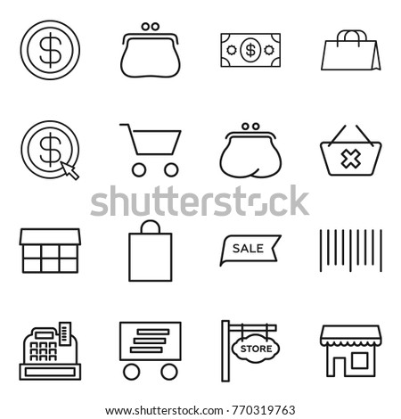 Thin line icon set : dollar, purse, money, shopping bag, arrow, cart, delete, market, sale, bar code, cashbox, delivery, store signboard, shop
