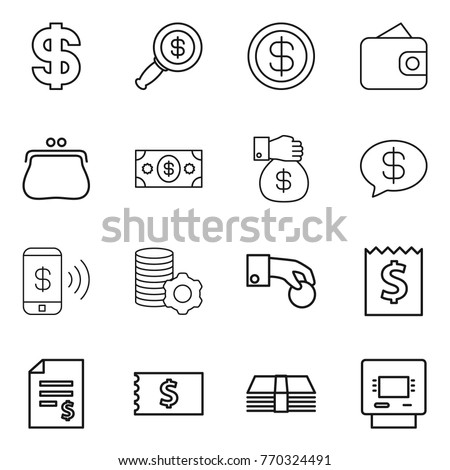 Thin line icon set : dollar, magnifier, wallet, purse, money, gift, message, phone pay, virtual mining, hand coin, receipt, account balance, atm Royalty-Free Stock Photo #770324491