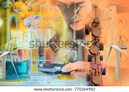 Scientist are looking through the eyepiece of a microscope. Scientific experiments with chemical structure and hazard symbols, periodic tables, and telephone towers.