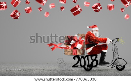 Santa Claus on scooter delivering Christmas or New Year gifts at snowy gray background