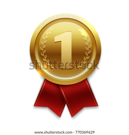 Winner gold medal with red ribbons. Vector illustration Royalty-Free Stock Photo #770369629