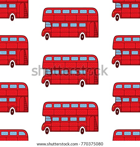 London bus. Seamless pattern. Illustration of a red double decker. Retro colorful hand drawn art.