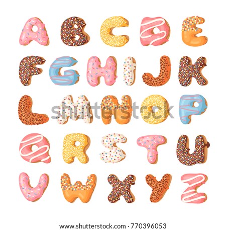 Cartoon vector illustration donut. Hand drawn font with sweet bun. Actual Creative art bake alphabet 