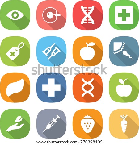 flat vector icon set - eye vector, cell corection, dna, medical cross, label, crutch, apple, sperm, liver, hand leaf, syringe, strawberry, carrot