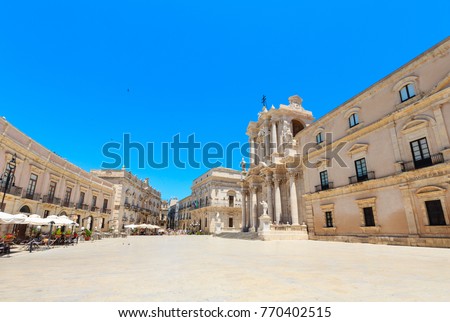 The cathedral of Siracusa (Ortigia island at city of Syracuse, Sicily, Italy). UNESCO World Heritage Site. Beautiful travel photo of Sicily.