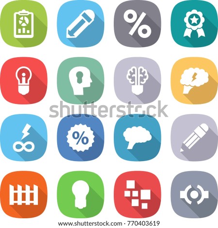 flat vector icon set - report vector, pencil, percent, medal, bulb, head, brain, infinity power, fence, blocks, connect