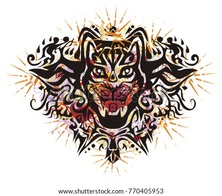 Grunge cat head with red hearts and stars. Closeup aggressive muzzle of a black cat with colorful ornate elements and orange stars
