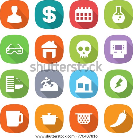 flat vector icon set - man vector, dollar, calendar, round flask, smart glasses, home, skull, atm, hotel, surfer, electricity, cup, pan, colander, hot pepper