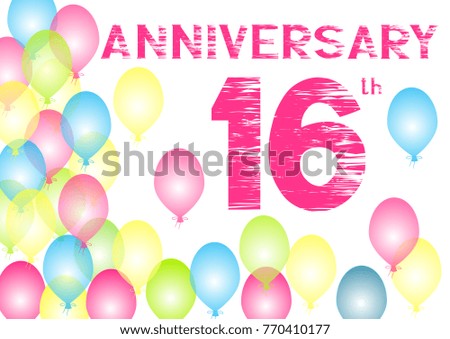 sixteenth anniversary with colored balloons on a white background