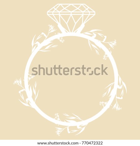 Isolated vector illustration. Engagement ring entwined with the wreath of forget-me-nots. Nuptial emblem or logo. Frame for monogram.