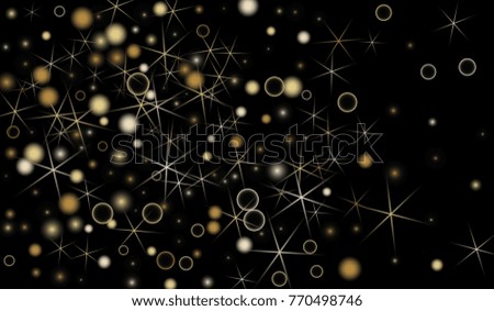 Golden Snowflakes. Christmas Confetti. Festive Background with Yellow and Orange Bokeh and Stars. New Year Background with Gold Glitter made of Snowflakes and Stars. Confetti on Black Backdrop