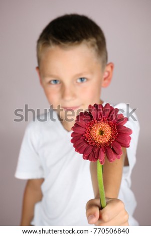 little blond boy is holding a red flower in his hand in front of a colored background