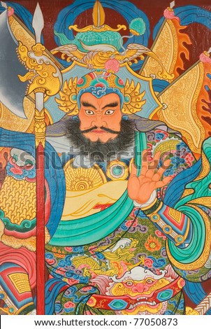 tradition Chinese painting on Chinese temple door Rayong province Thailand