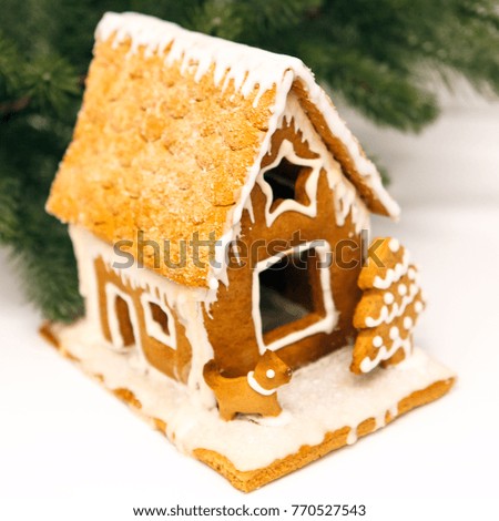 Homemade gingerbread cookies on a table. Gingerbread house and its inhabitants. On a white background lies a group of different Christmas gingerbread and small jewelry. Branches of Christmas tree