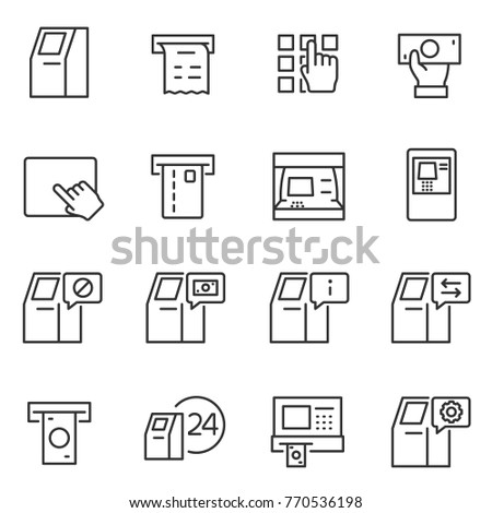 Atm terminal icon set. automated teller machine icons collection. payment and receipt of money. Line with Editable stroke Royalty-Free Stock Photo #770536198