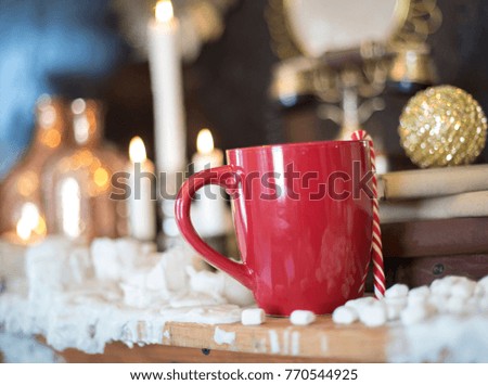 Christmas tree in interior. Christmas background. Christmas red cup. Closeup shot. blurred background