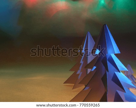 Abstract paper origami spruce Christmas tree with the northern light and snow in winter, xmas and new year