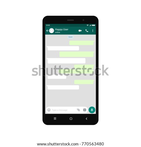 Mockup of phone with mobile messenger on screen, inspired by WhatsApp and other similar apps. Modern design. Vector illustration. EPS10. Royalty-Free Stock Photo #770563480