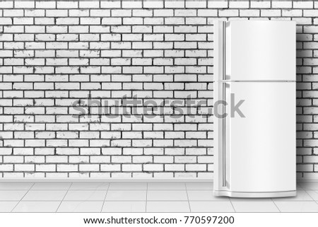 Major appliance - Refrigerator in front on a brick wall background Royalty-Free Stock Photo #770597200