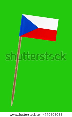 Tooth pick wit a small paper flag of Czech Republic on a green screen for chromakey 