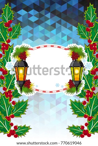 Winter holiday card with vintage lanterns. Copy space. Design element for Christmas greeting cards and other graphic designer works. Raster clip art.