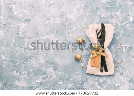 Christmas table place setting. Flat lay, copy space 