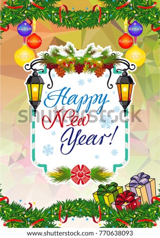 Winter holiday card with vintage lanterns, pine branches and artistic written text "Happy New Year!". Design element for greeting cards and other graphic designer works. Raster clip art.
